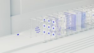 Die verschiedenen Ebenen eines künstlichen neuronalen Netzwerks, grafisch dargestellt auf hintereinander gestellten Plexiglasscheiben.
