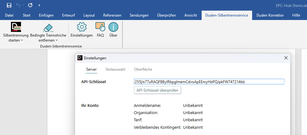 Ein Screenshot von Microsoft Word. Es zeigt oben den Reiter des Plug-ins "Duden-Silbentrennservice" und weiter unten den Dialog "Einstellungen" dieses Plug-ins. In das Feld "API-Schlüssel" des Dialogs ist eine lange Zeichenkette eingetragen. Darunter befindet sich ein Button mit der Aufschrift "API-Schlüssel überprüfen".