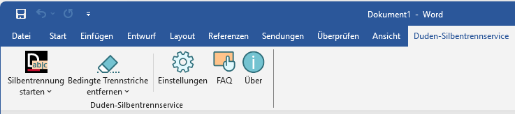 Auf dem Bild ist die Symbolleiste des Word-Plug-ins für den Duden-Silbentrennservice zu sehen. Es gibt die Buttons "Silbentrennung starten", "Bedingte Trennstriche entfernen", "Einstellungen", "FAQ" und "Über".