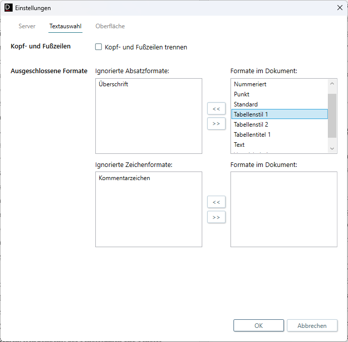 Das Bild zeigt den im Text beschriebenen Einstellungen-Dialog des Plug-ins für den Duden-Silbentrennservice in Microsoft Word. Man kann sehen, dass das Absatzformat "Überschrift" und das Zeichenformat "Kommentarzeichen" in den Listen der ignorierten Formate stehen.